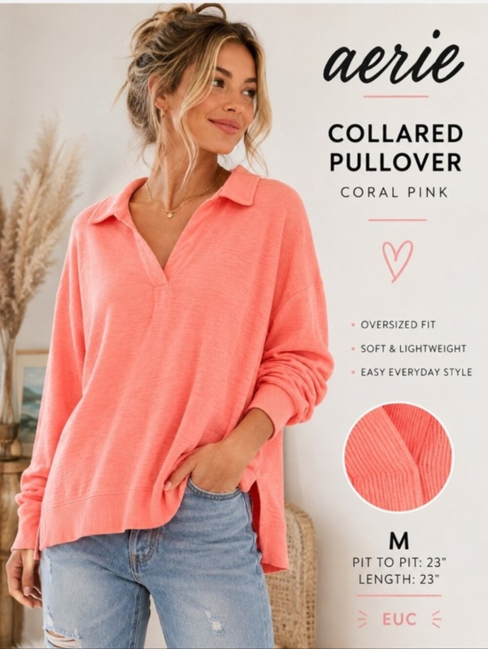 aerie Oversized Coral Pink Collared V-Neck Pullover Sweater